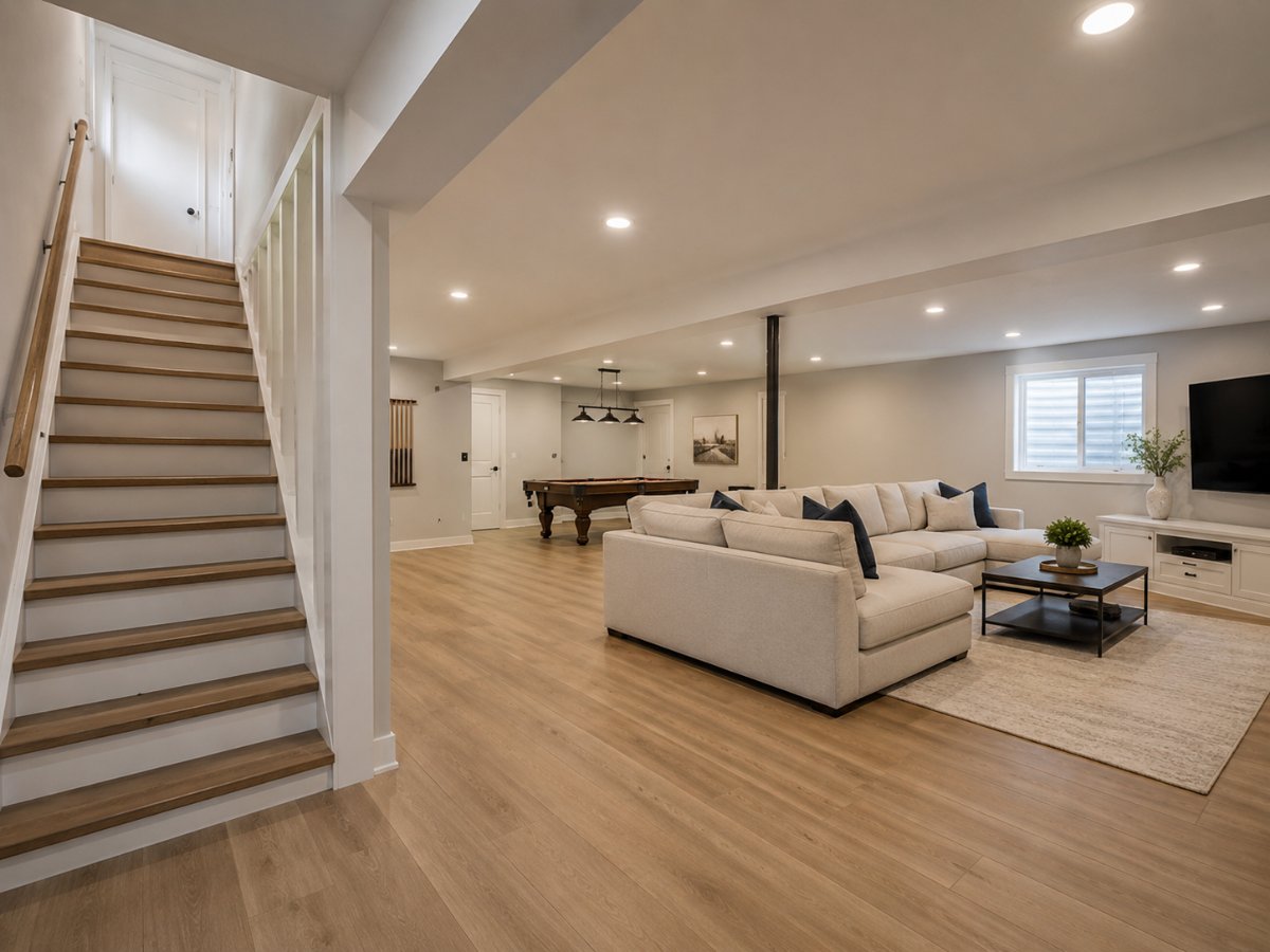 Finished basement family room with sectional sofa and game area