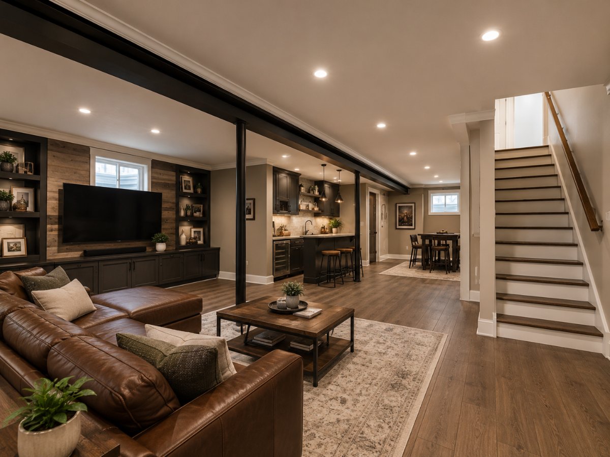 Finished basement lounge with bar and built-ins