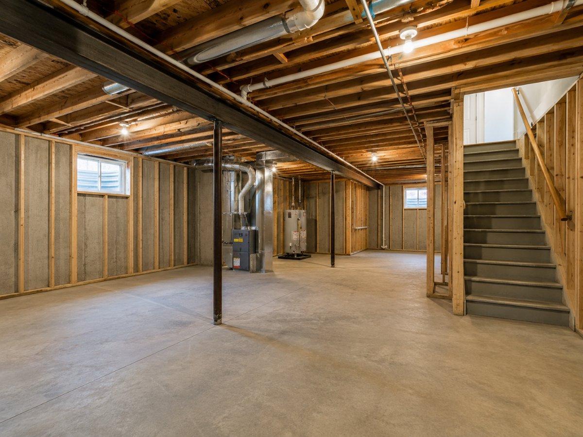 Unfinished concrete basement before remodeling