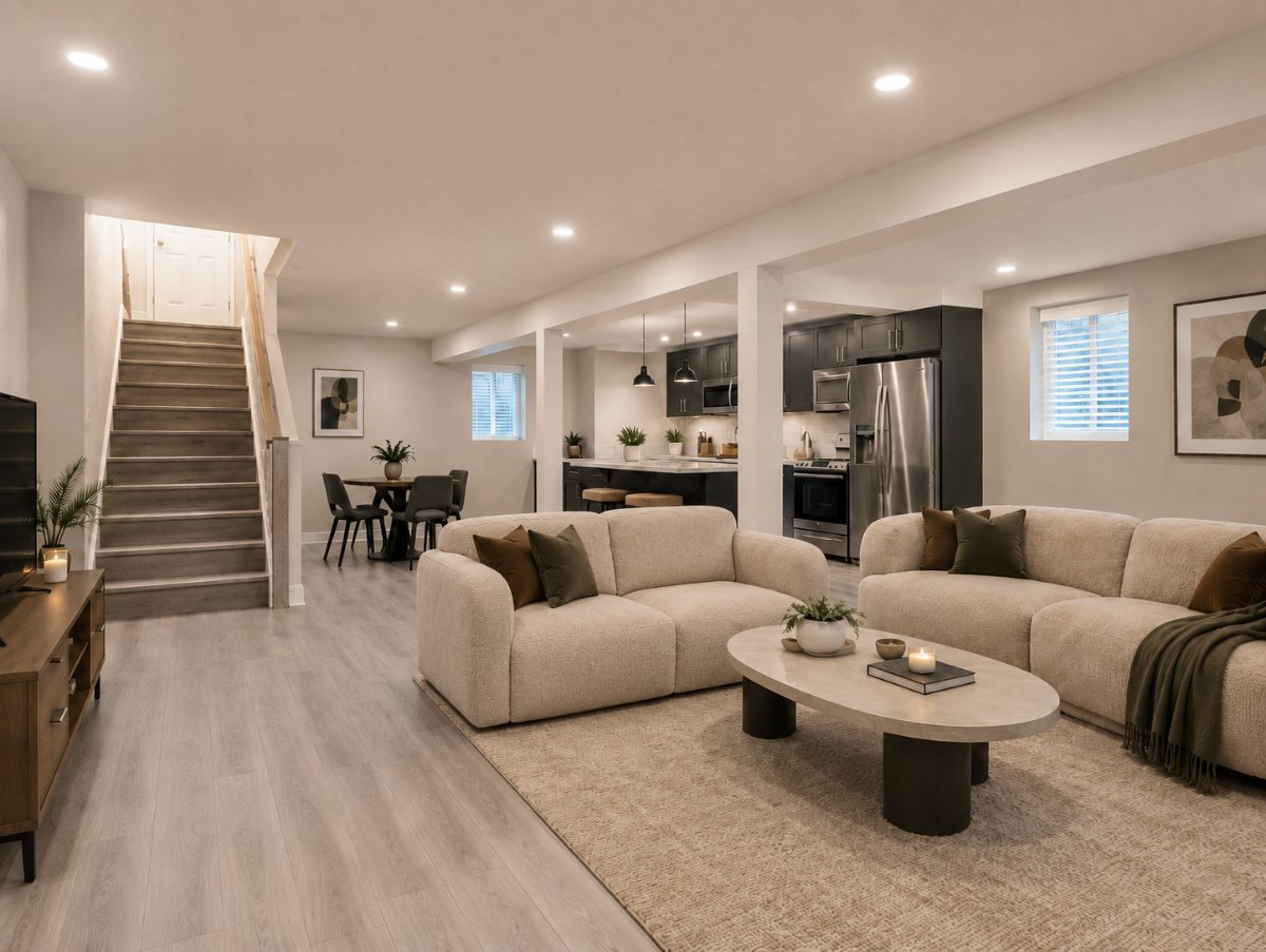Finished open-concept basement family room and kitchenette