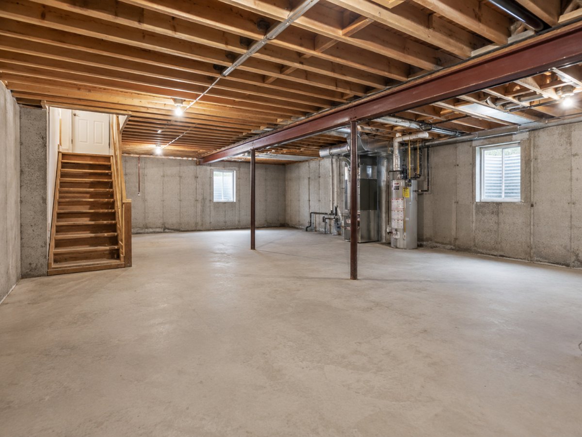 Unfinished basement with concrete walls before remodeling
